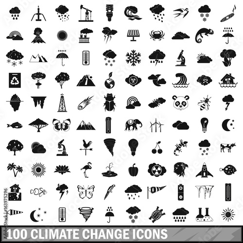 100 climate change icons set, simple style 