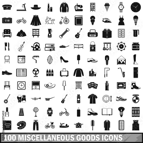 100 miscellaneous goods icons set, simple style 