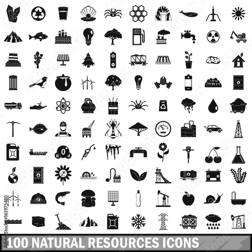100 natural resources icons set, simple style 