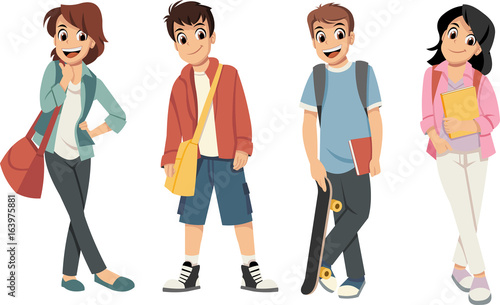 Cute cartoon children with books. Teenager students.
