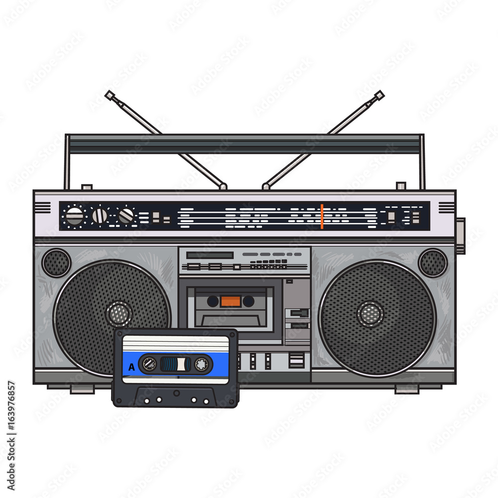 Fototapeta premium Old fashioned audio tape recorder, ghetto boom box and audiotape from 90s, sketch vector illustration isolated on white background. Front view of audio tape recorder, boom box and audio cassette