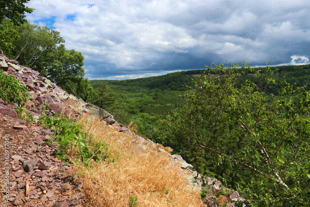Summer landscape in Devils Lake State Park, Baraboo area, Wisconsin, USA. View from rocky south shore Ice age trail. Nature background. Nature of Midwest, Wisconsin.