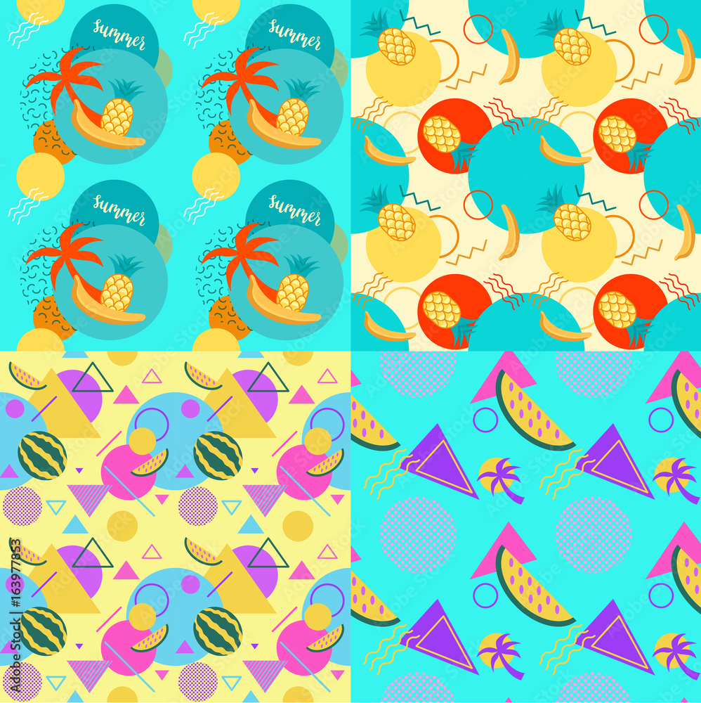 Seamless color trendy patterns set with watermelons and palms, geometric shapes, fashion vector backgrounds