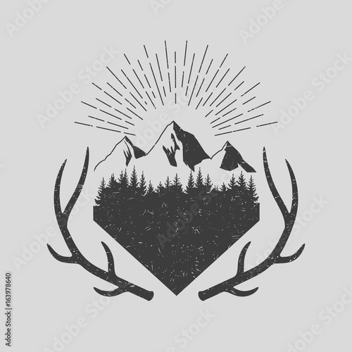 Vinage style. Deer horn, landscape. Vector.