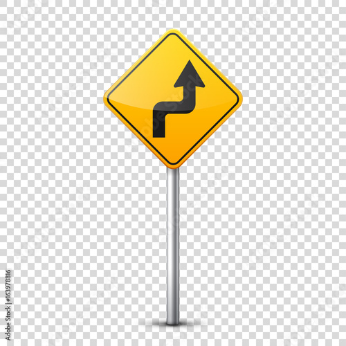 Road yellow signs collection isolated on transparent background. Road traffic control.Lane usage.Stop and yield. Regulatory signs. Curves and turns.