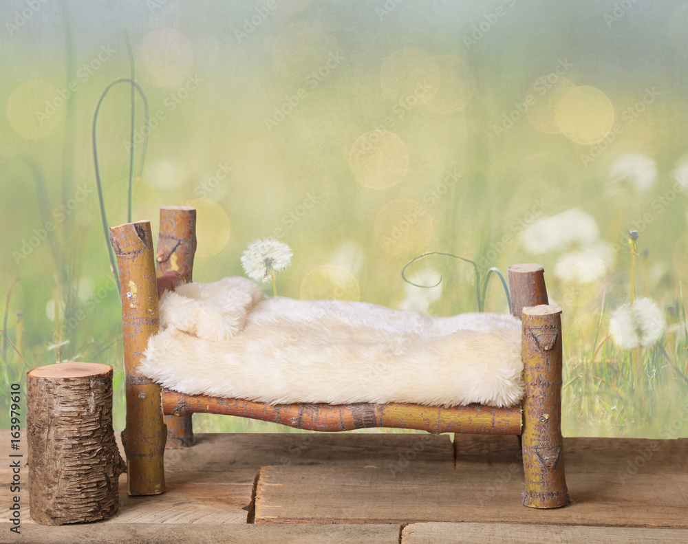 A newborn bed studio digital prop made from Japanese Maple tree branches  with a dandelion green meadow nature background. Stock Photo | Adobe Stock