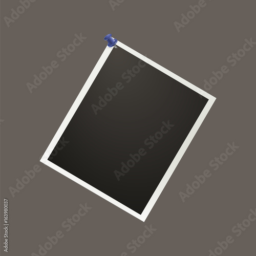 An empty realistic photo is pinned with a blue clerical nail. Blank photos with pin needle. Vector picture for your design.