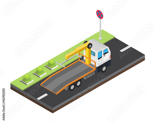 Isometric tow truck city road assistance service evacuator of Online car help Flat design vector background illustration set