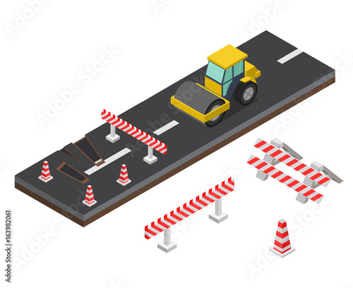 Isometric Asphalt compactor road under construction repair road signs.