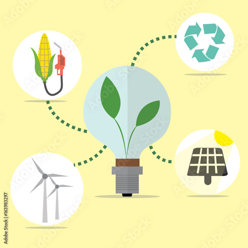 Illustrations concept of lamp with icons of ecology, environment, green energy. Vector