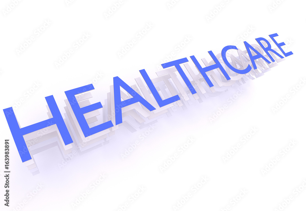 Healthcare, word in blue letters on white background, 3d rendering