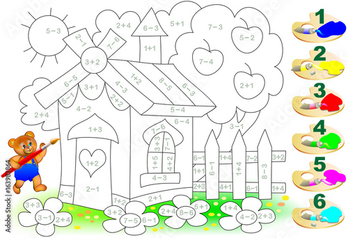 Mathematical worksheet for children on addition and subtraction. Need to solve examples and paint the image in relevant colors. Developing skills for counting. Vector image.
