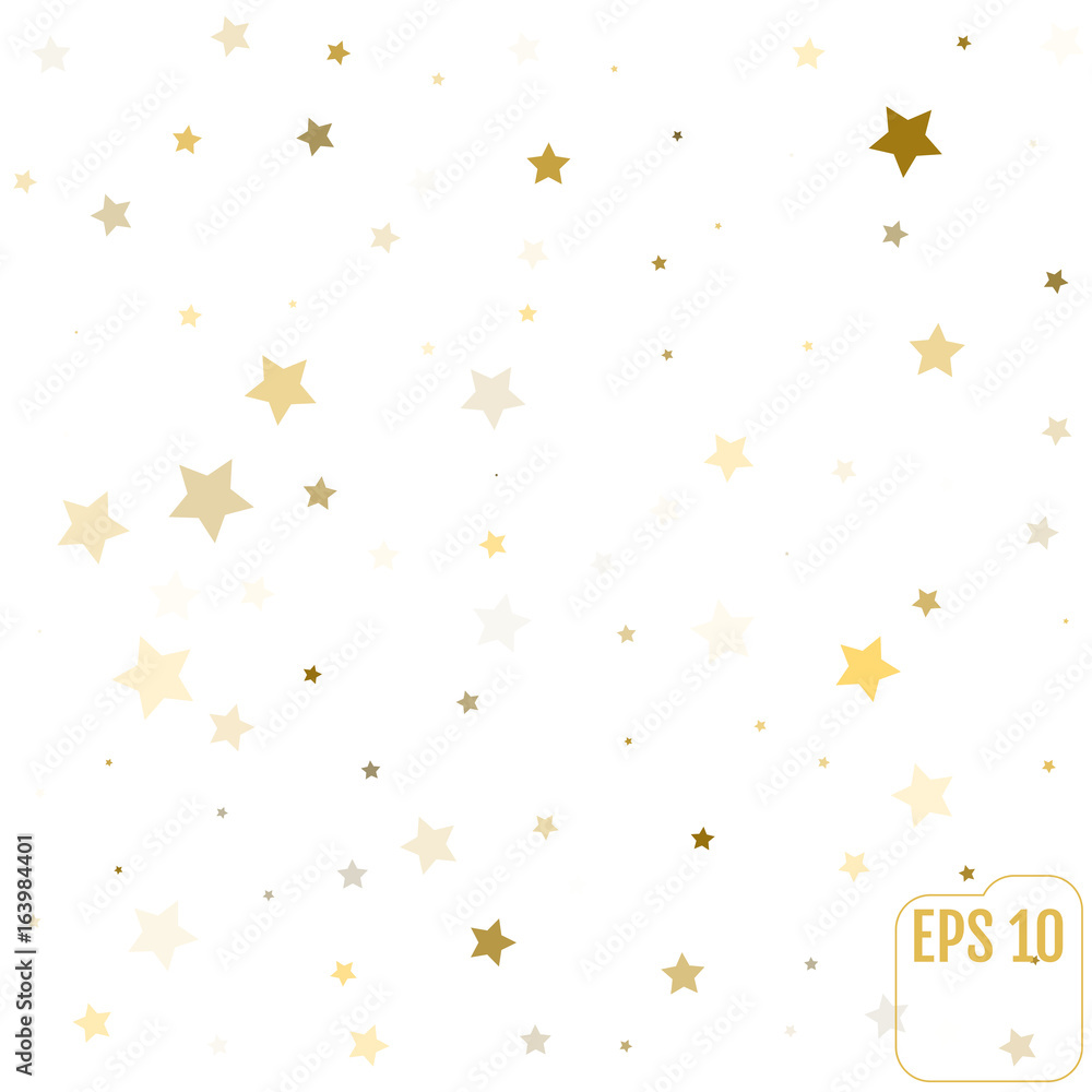 Abstract pattern of random falling gold stars on white background. Glitter pattern for banner, greeting card, Christmas and New Year card, invitation, postcard, paper packaging. Vector illustration Abstract pattern of random falling gold stars on white background. Glitter pattern for banner, greeting card, Christmas and New Year card, invitation, postcard, paper packaging. Vector illustration