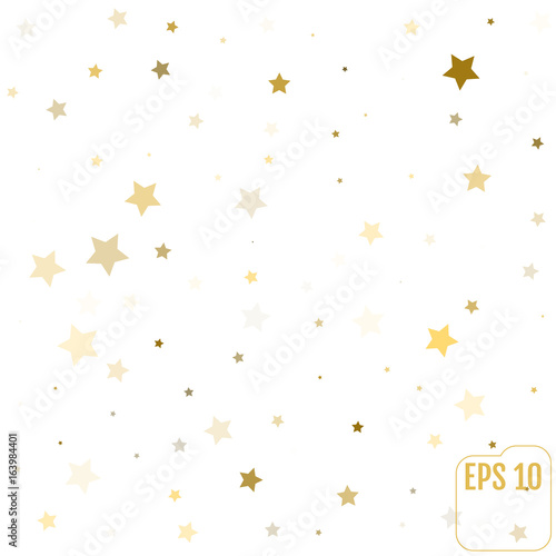 Abstract pattern of random falling gold stars on white background. Glitter pattern for banner  greeting card  Christmas and New Year card  invitation  postcard  paper packaging. Vector illustration