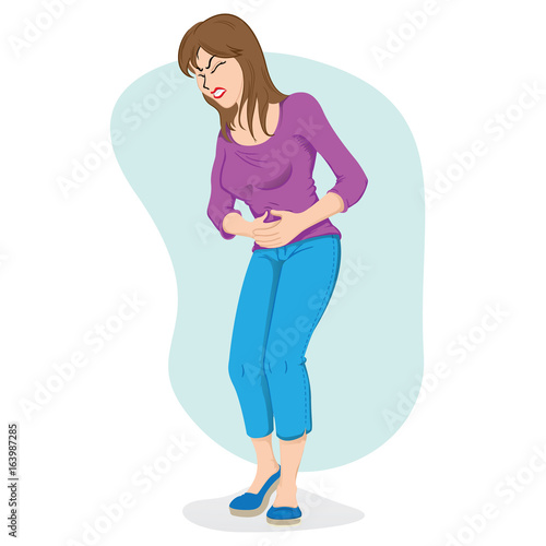 Illustration of woman with symptom of pain in the stomach, belly. Ideal for medical and educational materials