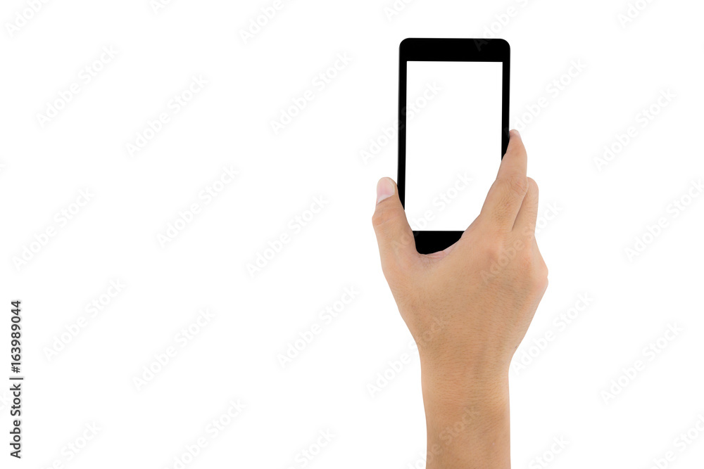 hand holding black phone isolated on white clipping path inside hand holding black phone isolated on white clipping path inside