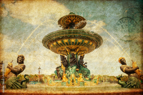 vintage picture of a fountain in Paris, France