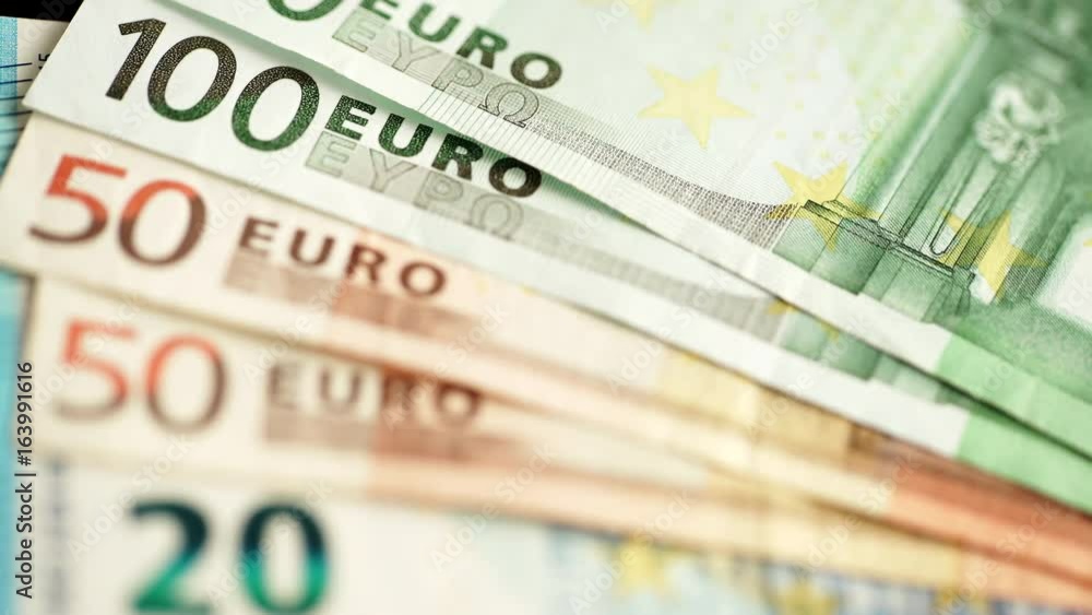 Nobody. Euro banknotes of different values. Euro cash money background. Rack focus 4K ProRes HQ codec Nobody. Euro banknotes of different values. Euro cash money background. Rack focus 4K ProRes HQ codec