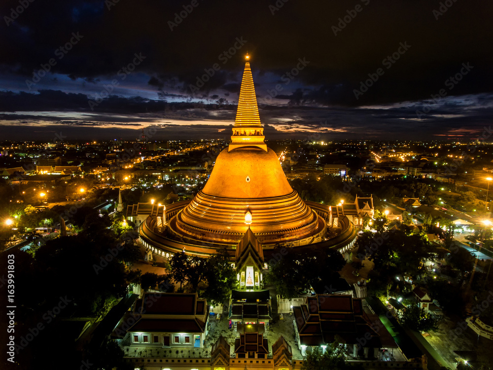 Large Golden Pagoda Located In The Community At Sunset Phra Pathom Chedi Nakhon Pathom Thailand The Measure Public Aerial View Road Roundabout With Car Lots In Thailand Beautiful Street Stock Photo