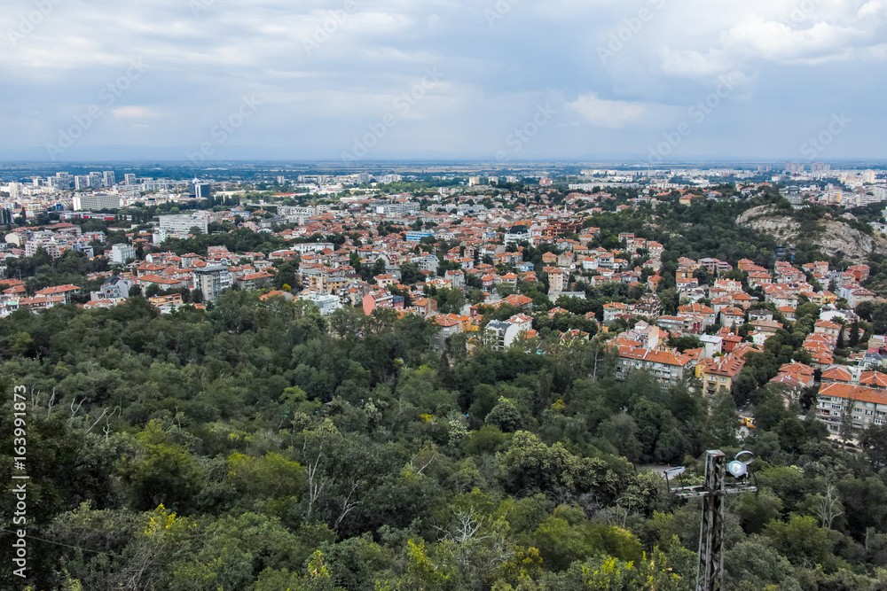 Amazing Panoramic view of city of Plovdiv from Bunardzhik tepe hill (hill of libertadors), Bulgaria