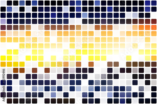 Blue yellow orange black occasional opacity mosaic over white