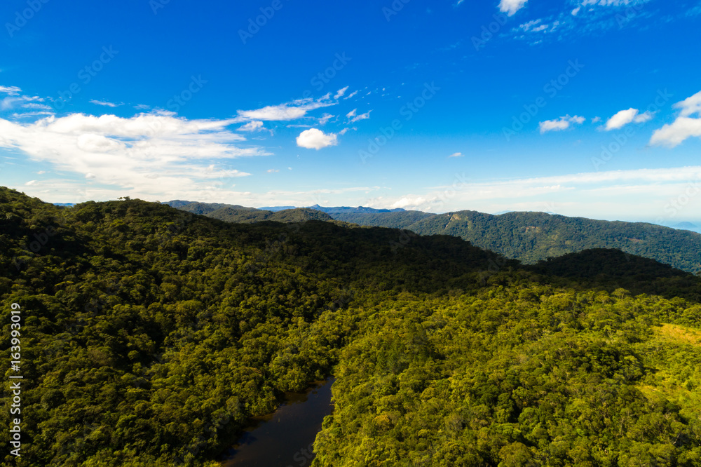Aerial View of Mountains in Rainforest