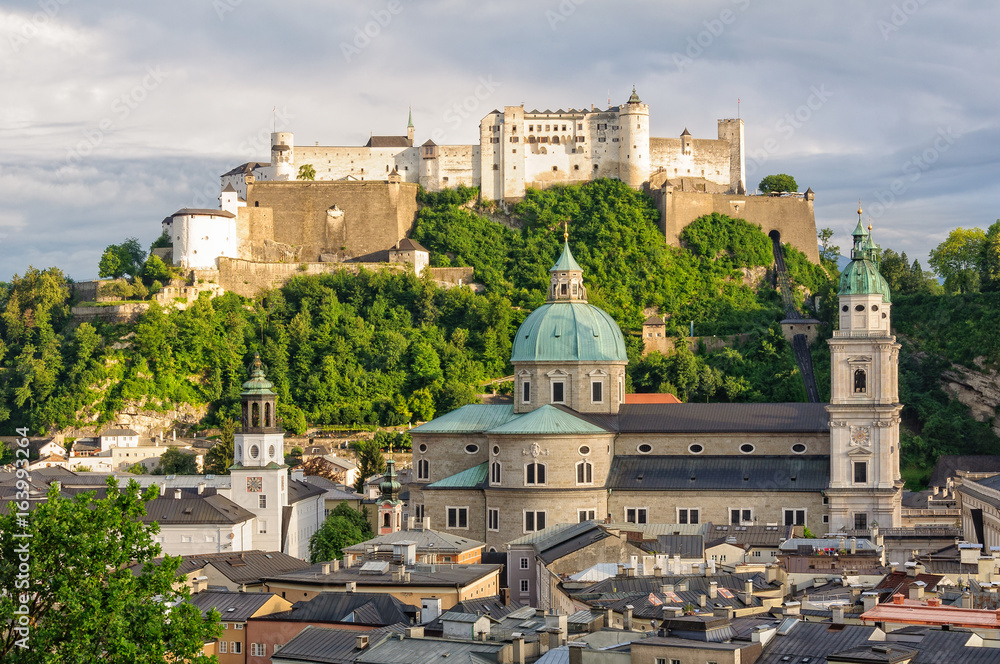 View of the Cathedral (Dom) and Fortress (Festung) Hohensalzburg from the Capuchin Monastery (Kapuzinerkloster) - Salzburg, Austria