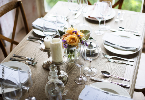Elegant Restaurant Table Setting Service for Reception with Menu Card © Rawpixel.com