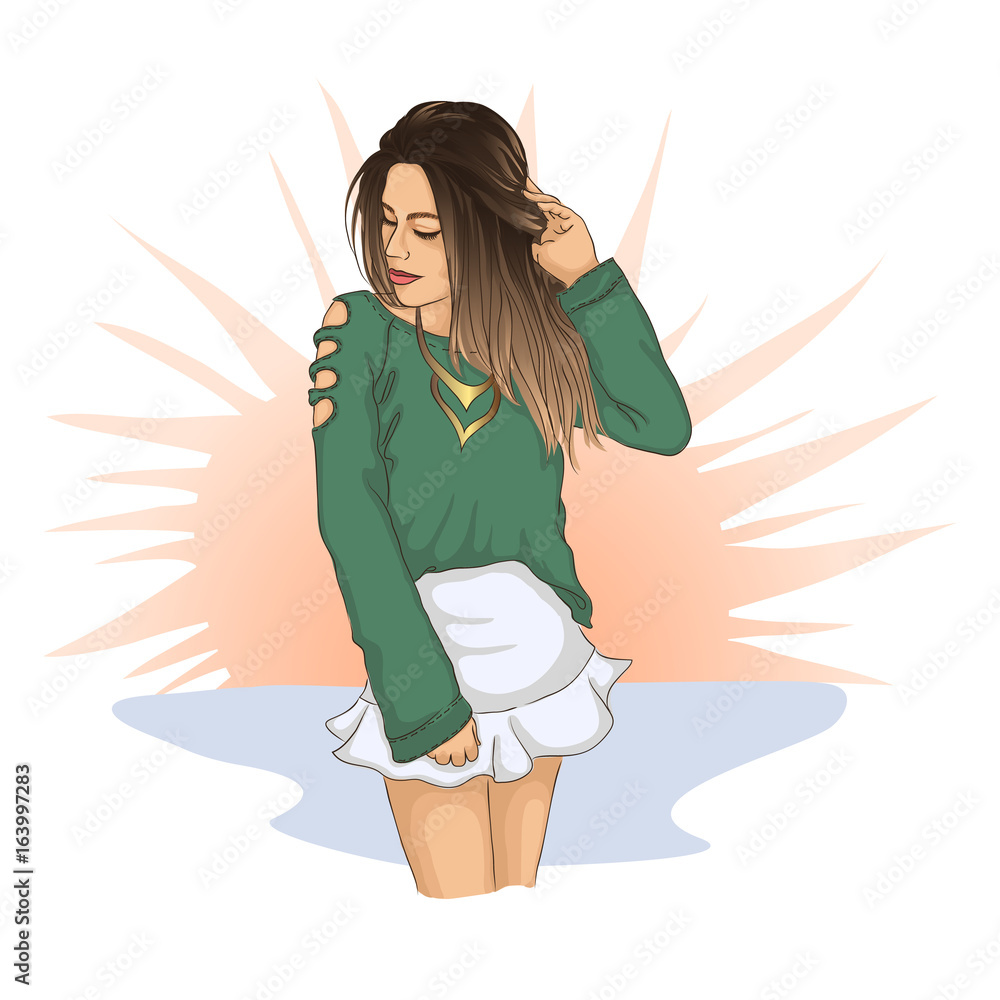 Fashion girl in green shirt with white skirt. Fashion illustration. Stylish woman in nude colors, pink lips and ombre hairstyle. Vector hand drawn illustration on sunny summer background. Fashion girl in green shirt with white skirt. Fashion illustration. Stylish woman in nude colors, pink lips and ombre hairstyle. Vector hand drawn illustration on sunny summer background.