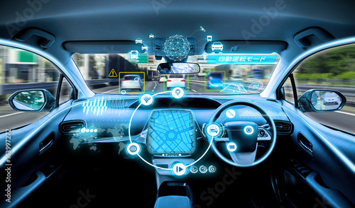 empty cockpit of vehicle. HUD(Head Up Display) and digital instruments panel, autonomous car. right hand drive. © metamorworks