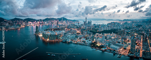 Aerial view of Hong Kong Island and Kowloon on sky