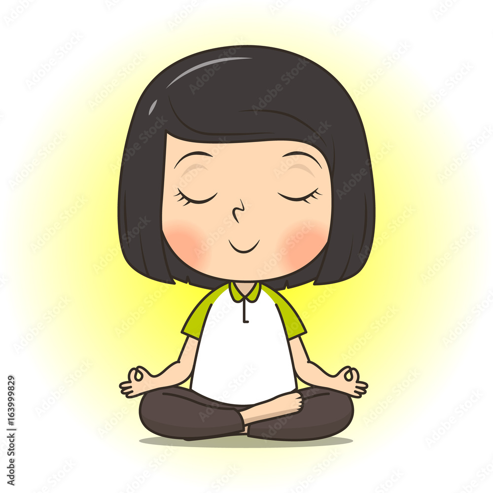 Cute girl meditate yoga pose cartoon vector illustration Stock Vector |  Adobe Stock