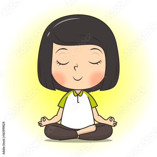 Cute girl meditate yoga pose cartoon vector illustration