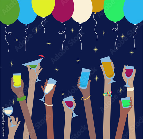 Hands with drinks of alcohol in glasses celebrate at Party - balloons above

