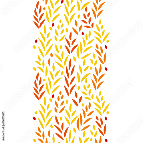 Subtle golden yellow and red leaves floral vertical seamless border on white, vector