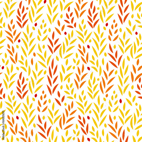 Subtle golden yellow and red leaves floral seamless pattern on white, vector