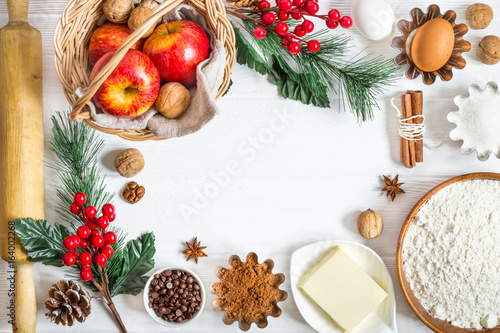 Ingredients for winter New Year's baking. Christmas food background