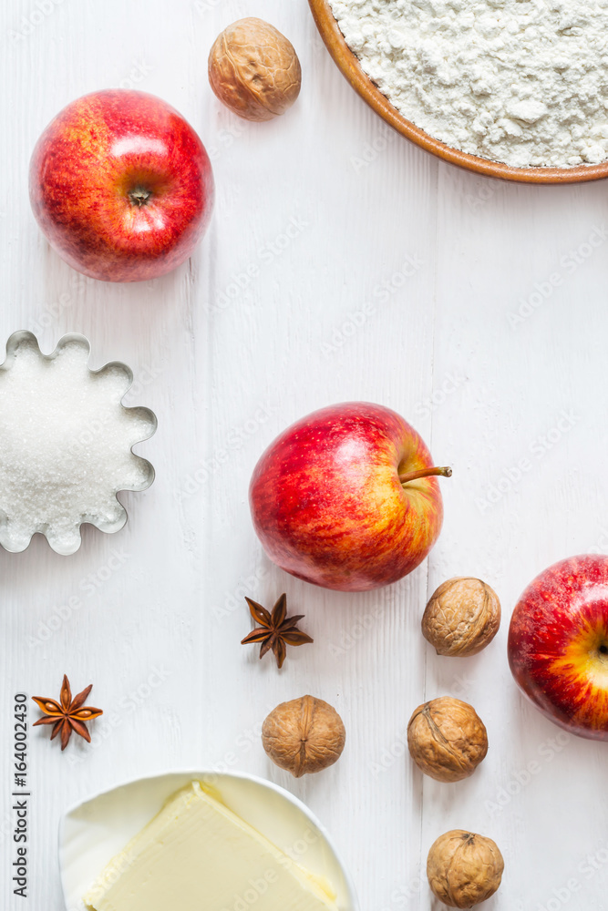 Ingredients for baking. Selection for Autumn pie or muffins with Apples and cinnamon, flat lay