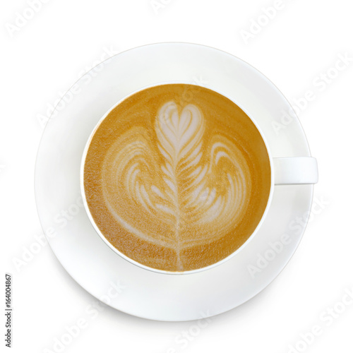 Top view latte art coffee on white background