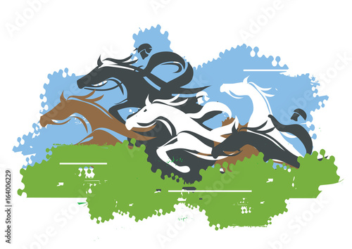 Horse Racing Jump Over Obstacle.
Colorful stylized illustration Horse Hurdle race. Vector available.