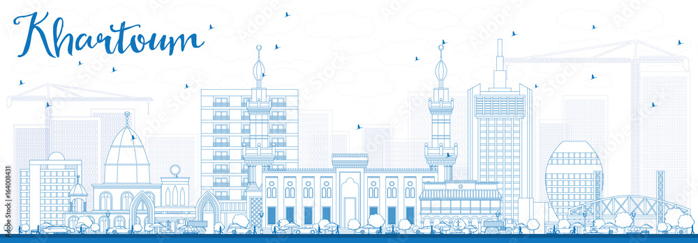 Outline Khartoum Skyline with Blue Buildings.