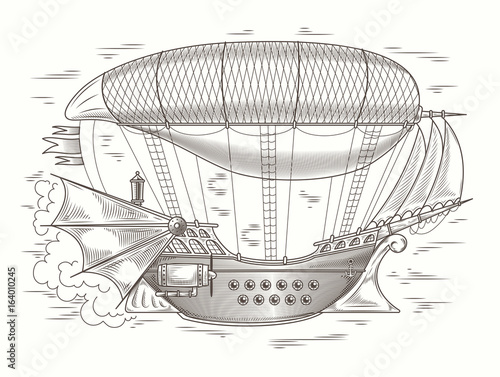 Vector steampunk illustration of a fantastic wooden flying ship in the style of engraving. Print, template, design element