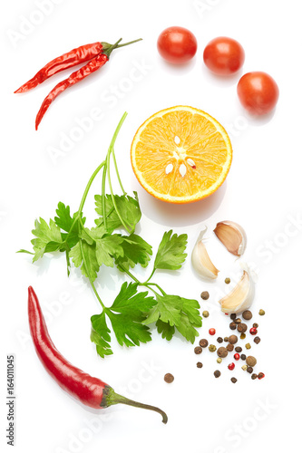 A food and healthy lifestyle concept: Italian herbs and spices. Top view. Isolated on white.