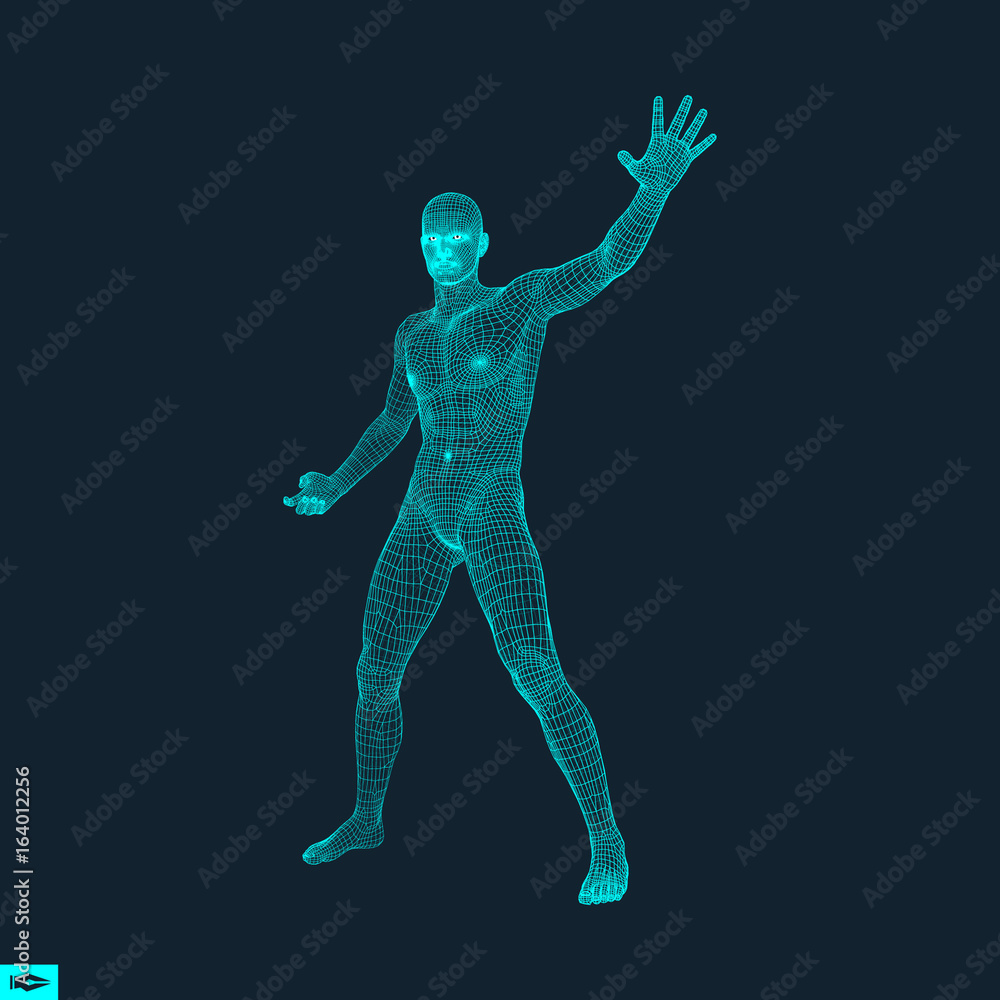 Vector man with hand up to stop. Human showing stop gesture. 3D model of man. 3D vector illustration. Vector man with hand up to stop. Human showing stop gesture. 3D model of man. 3D vector illustration.