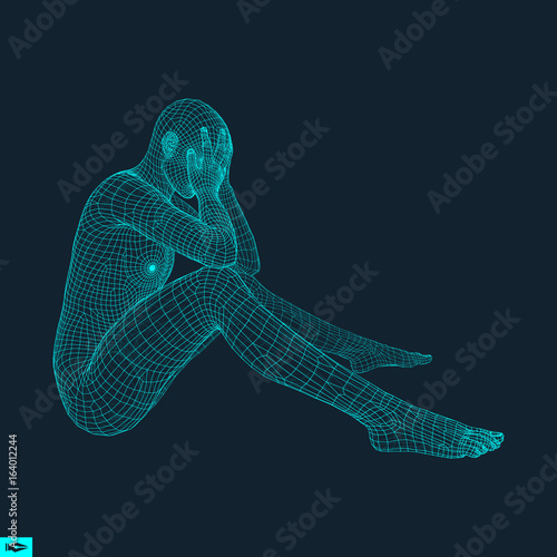 Man in a Thinker Pose. 3D Model of Man. Geometric Design. Human Body Wire Model. Business, Science, Psychology or Philosophy Vector Illustration.