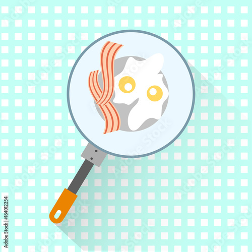 Frying pan with two egg and bacon. Breakfast on the table. Vector isolated objects
