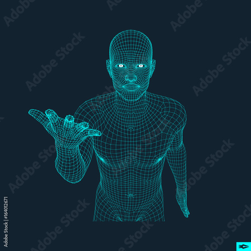 Man Points to Something by Hand. 3D Model of Man. Geometric Design. Vector Illustration.