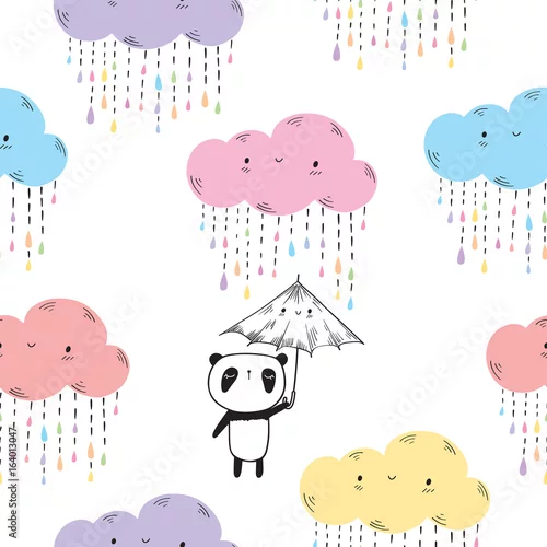 Tapeta Wzór dla dzieci. Urocza panda z parasolem i zabawnymi chmurami na tekstylia, tapety, opakowanie na prezent i notatnik. Ilustracji wektorowych.