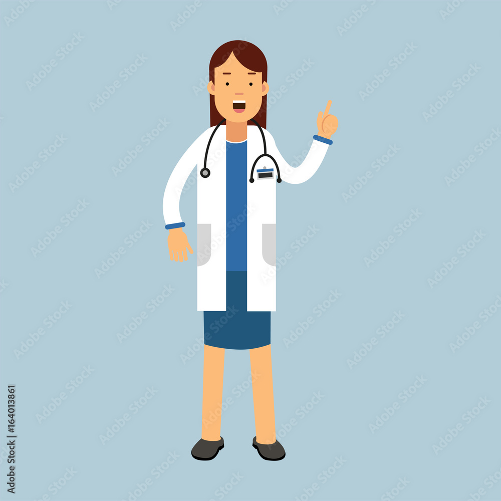 Female doctor character in a white coat, standing, talking and showing hand gesture with a raised index finger, vector Illustration Female doctor character in a white coat, standing, talking and showing hand gesture with a raised index finger, vector Illustration