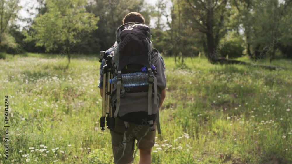 Young Man With a Backpack Walking in the Woods Young Man With a Backpack Walking in the Woods